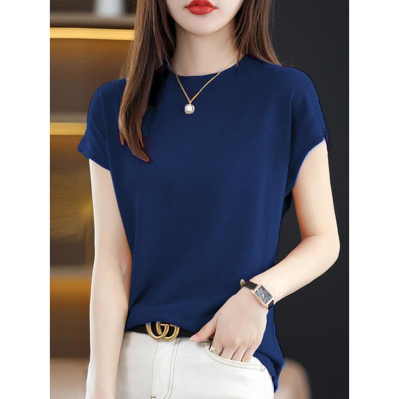 2025冰丝薄款宽松显瘦T恤针织短袖女半高领百搭圆领气质蓝色上衣
