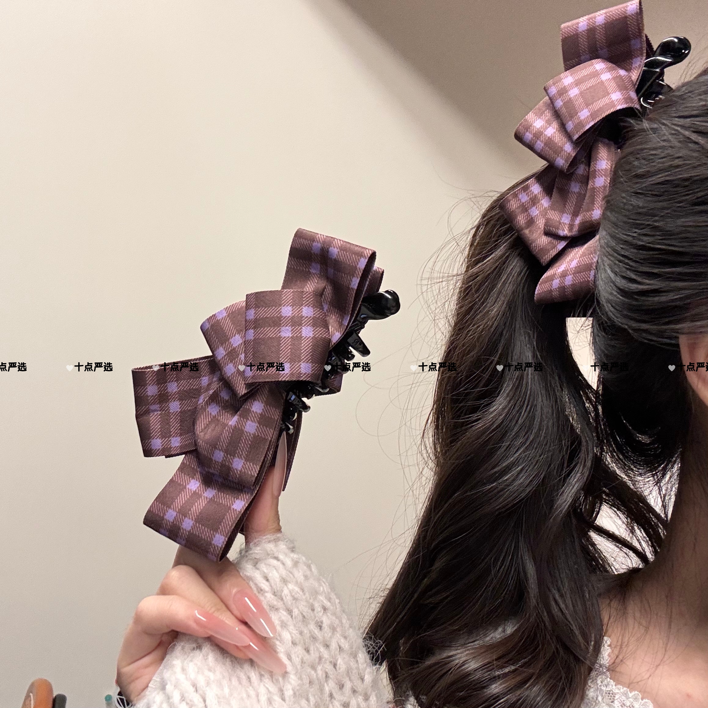 可露丽紫色格纹香蕉夹女后脑勺发夹高级感马尾竖夹发饰