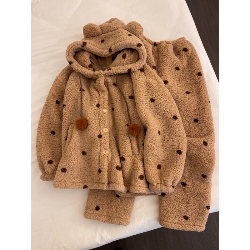 韩系可爱波点珊瑚绒睡衣女2025秋冬季保暖宽松家居服可外穿套装女