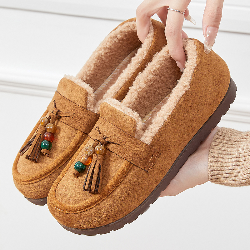 日系秋冬保暖软底加绒乐福鞋2025女士防滑一脚蹬骑行百搭豆豆鞋