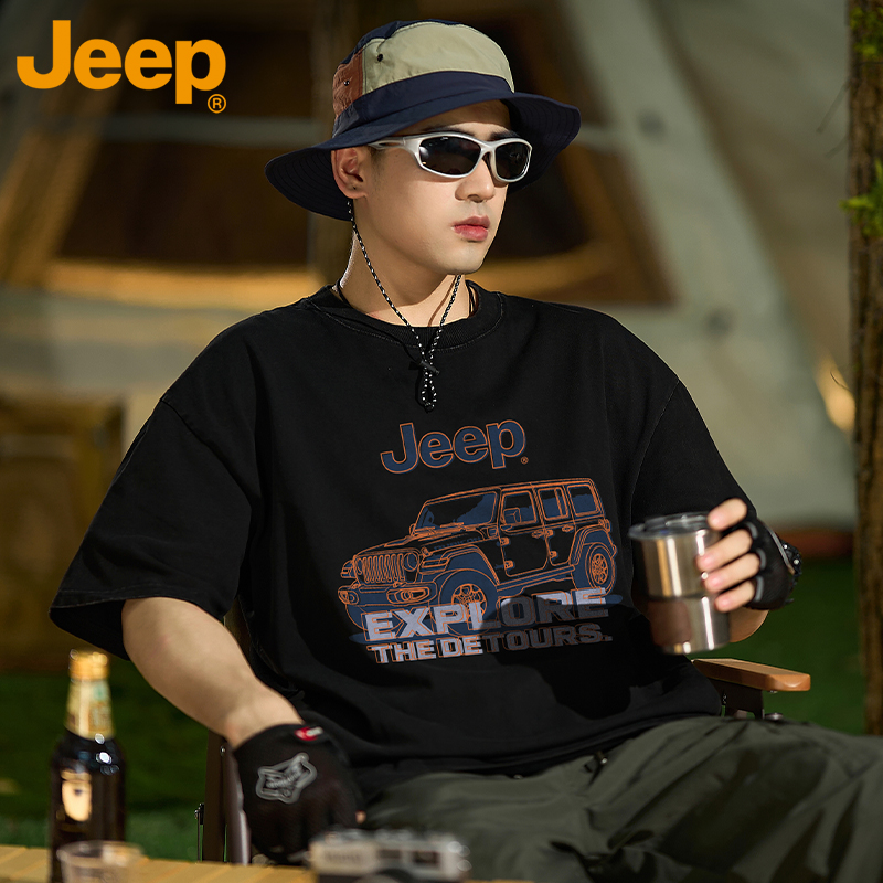 JEEP/吉普短袖T恤男士夏季纯棉圆领印花宽松美式潮牌衣服半袖体恤