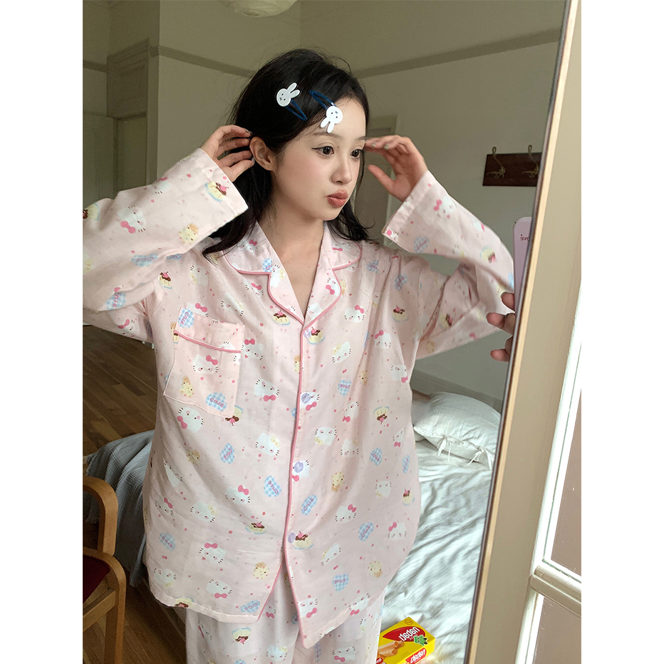 甜美卡通猫睡衣女春秋季长袖长裤韩系少女爆款学生宿舍家居服套装