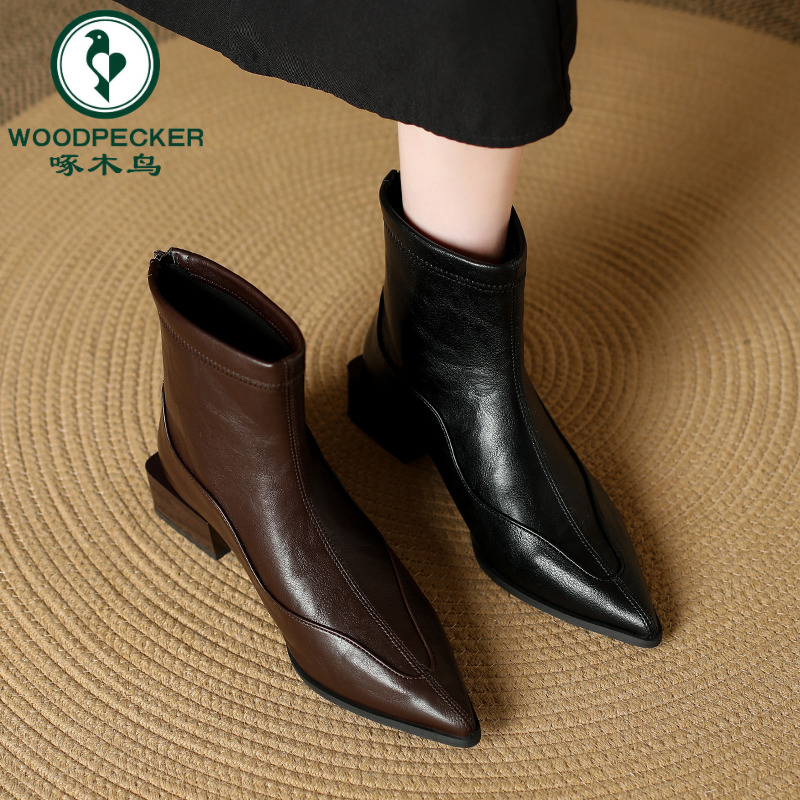 啄木鸟尖头欧美短靴女2025秋冬新款时装粗跟瘦瘦靴子小众设计裸靴