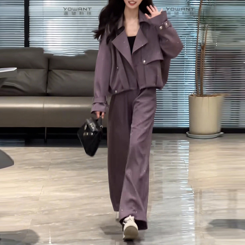 高级感时尚工装套装女春秋韩系重工烫钻风衣外套高腰阔腿裤两件套