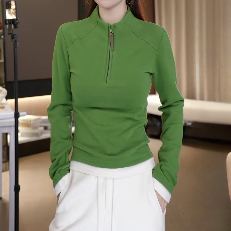 修身时尚纯色韩版气质显瘦上衣女秋冬立领半拉链长袖显瘦保暖卫衣