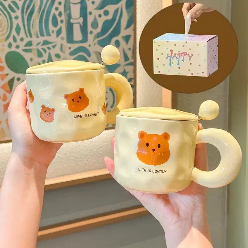 可爱奶油小熊马克杯胖把带勺杯子简约牛奶杯男女学生情侣杯陶瓷杯