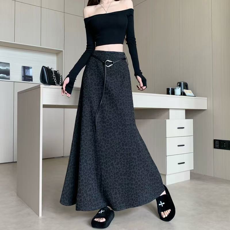 复古辣妹高腰遮跨豹纹长裙女秋季新款韩版宽松垂感包臀鱼尾裙