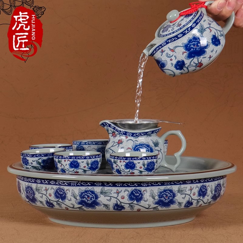 虎匠中式复古青花陶瓷潮汕功夫茶具家用圆茶盘套装