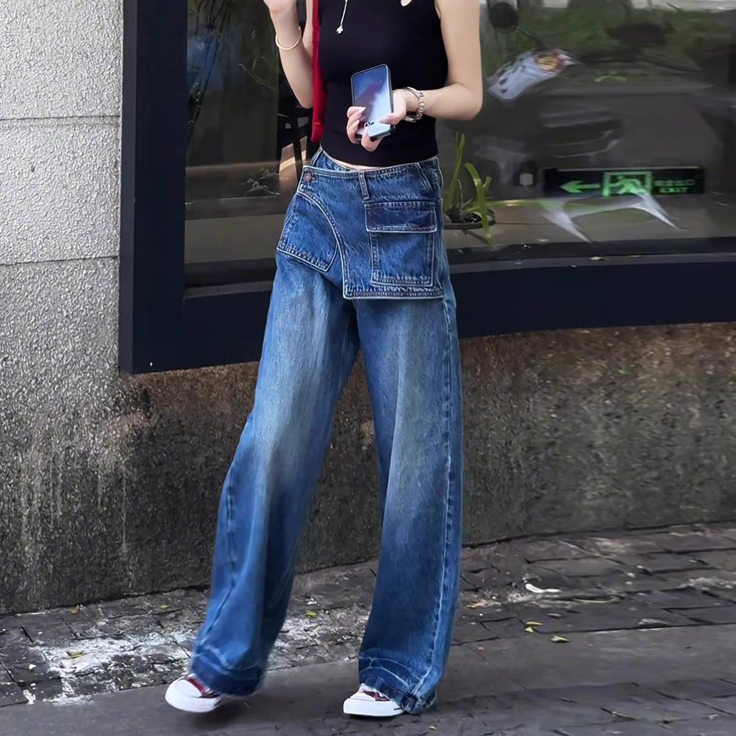 蓝色不规则设计阔腿牛仔裤女2025秋冬新款高腰显瘦直筒休闲拖地裤