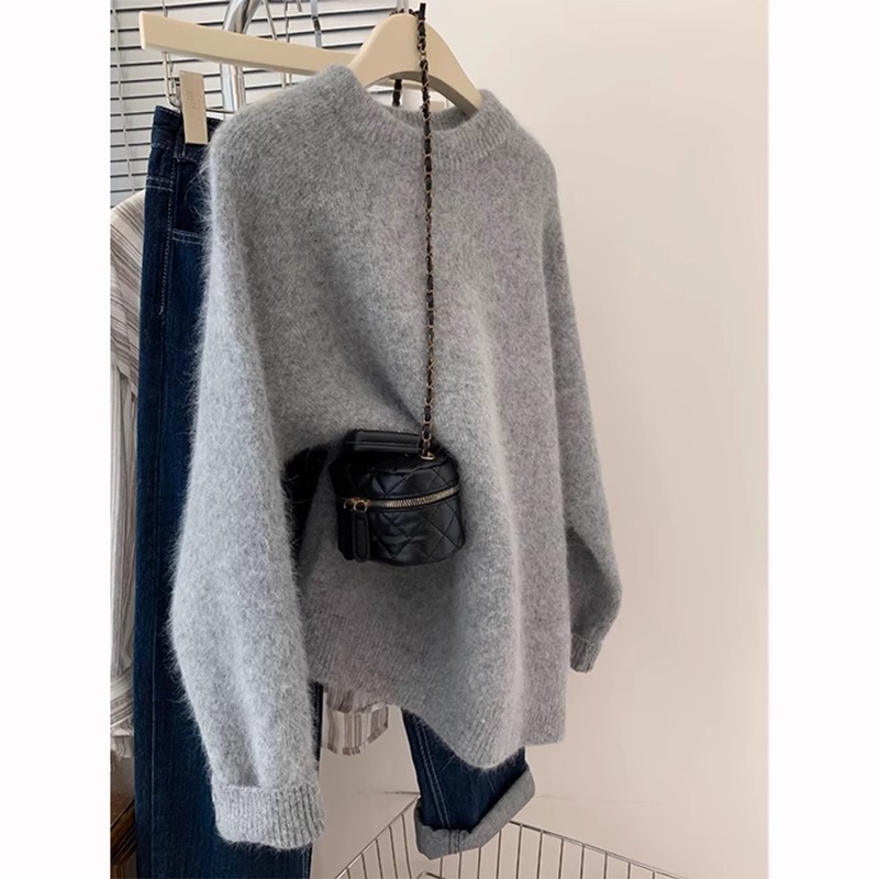欧货高端浣熊羊绒衫女2025年春秋灰色插肩宽松慵懒加厚打底毛衣