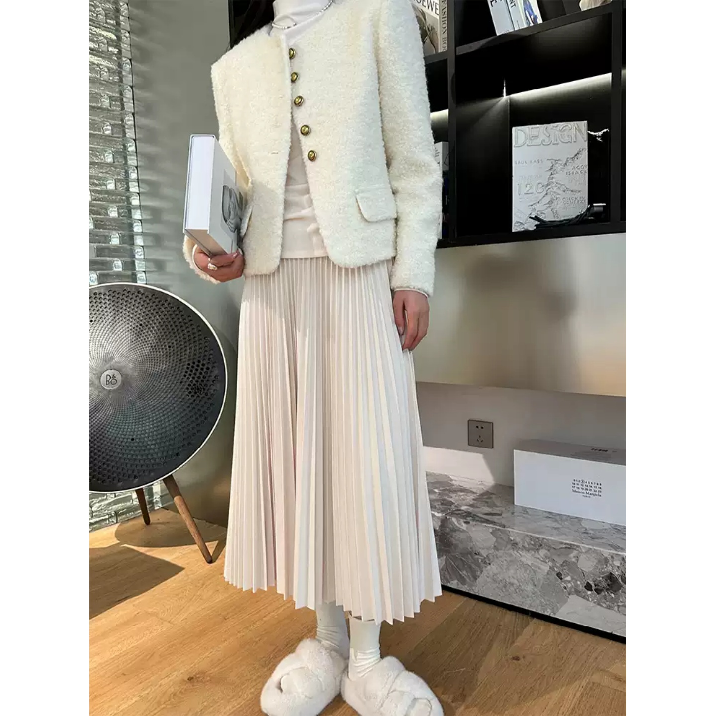 韩版时尚百褶毛呢半身裙女2025秋冬中长款高腰宽松大摆气质伞裙