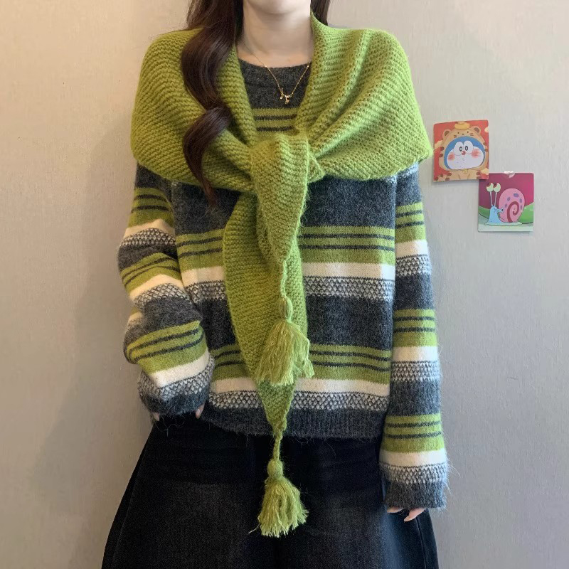 时尚百搭条纹复古针织衫女士2025秋冬新款减龄慵懒风气质长袖毛衣