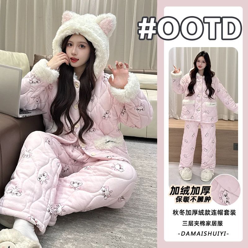睡衣女款三层夹棉珊瑚绒2025冬季加绒加厚海岛绒卡通家居服可外穿