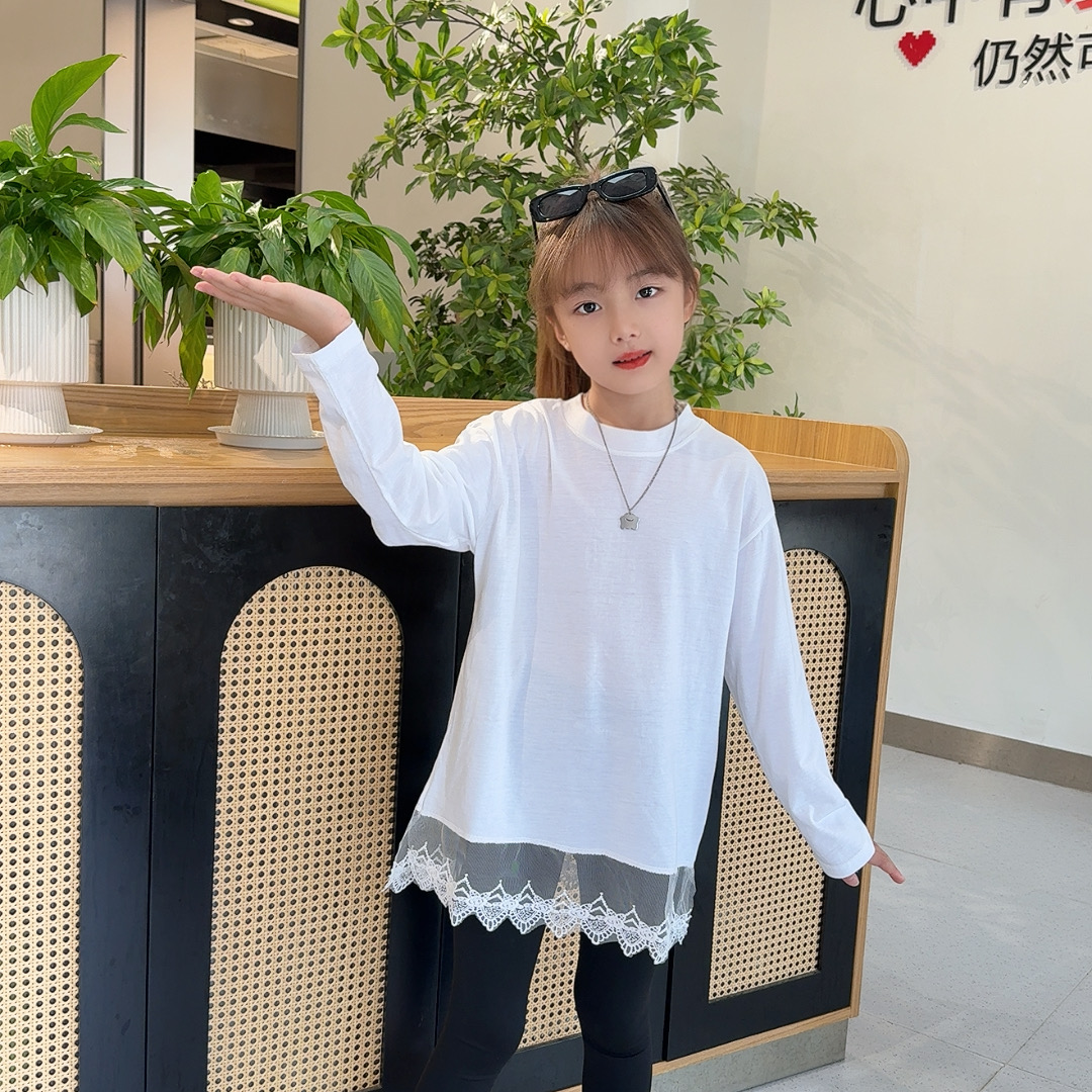 女童纯棉T恤2025春秋款儿童休闲洋气百搭圆领花边拼接长袖打底衫