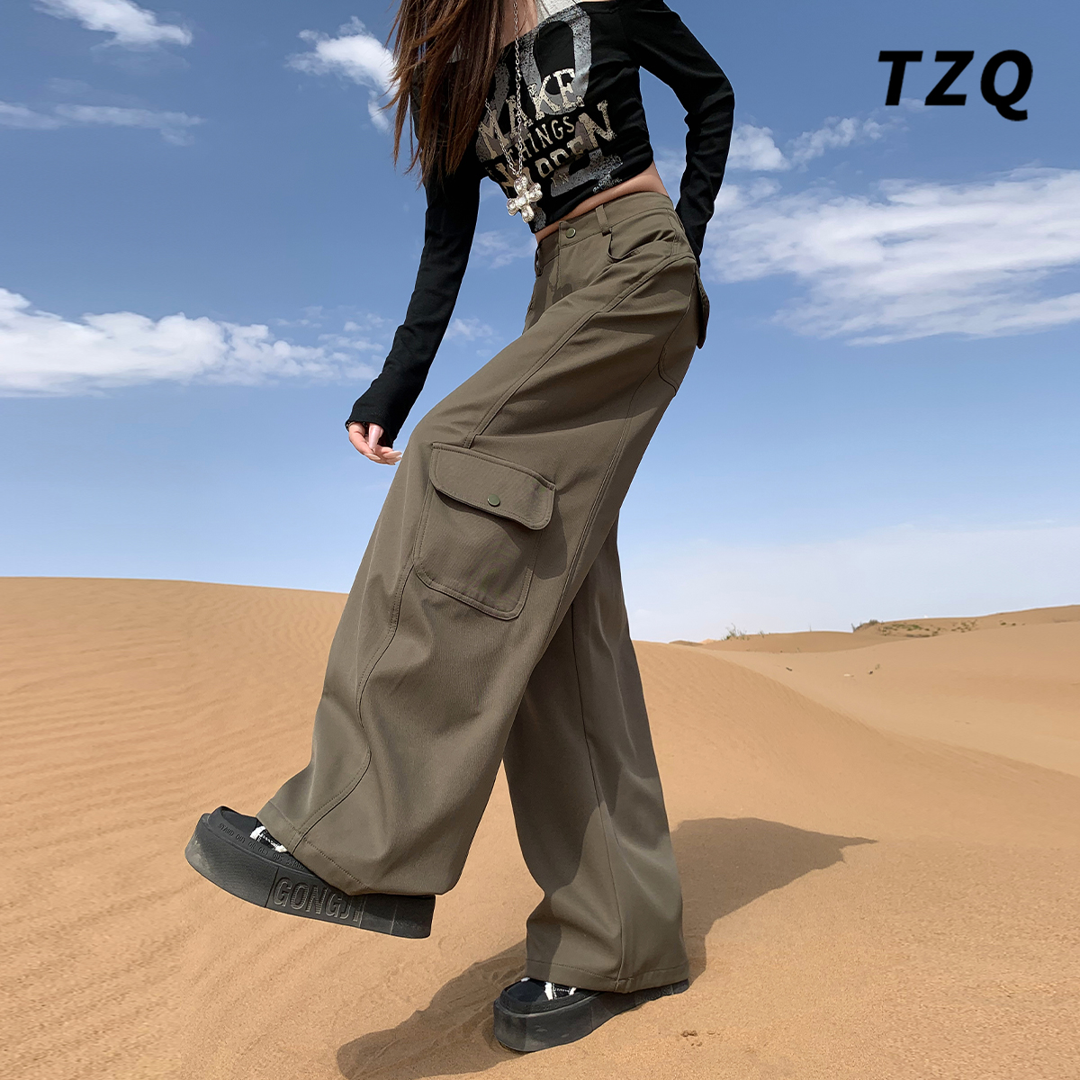 军绿色美式阔腿工装裤女秋2025新款高腰设计感牛仔裤TZQ25102221