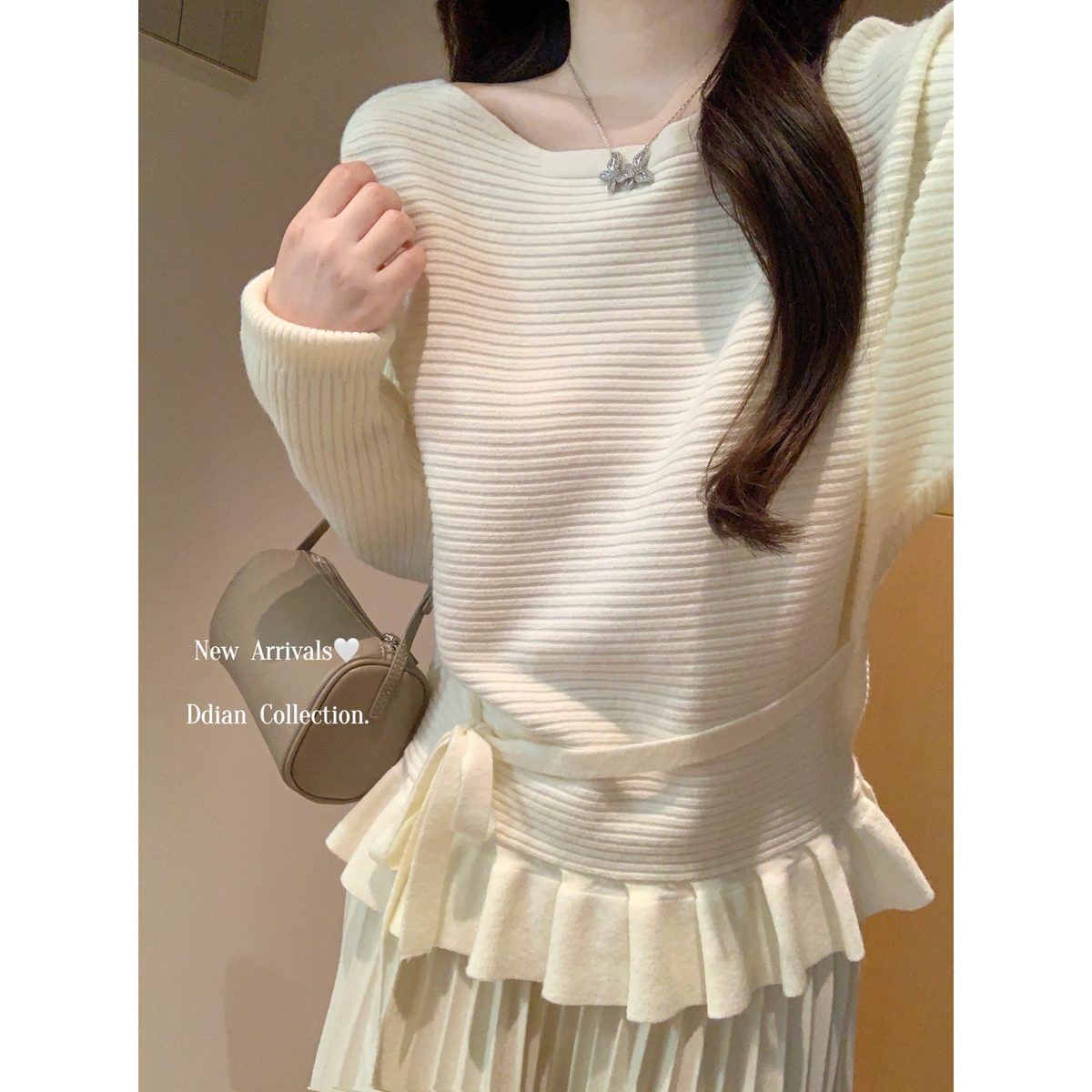 十二针设计感荷叶边下摆针织打底衫女秋冬季女宽松蝙蝠侠毛衣上衣