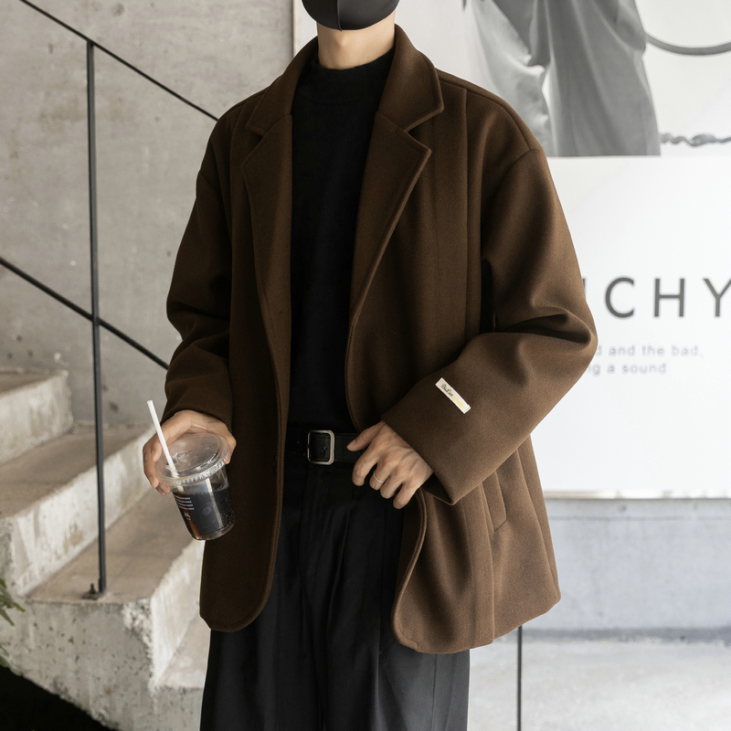 毛呢大衣男翻领短款韩版港风痞帅西装男士休闲宽松潮流风衣外套男