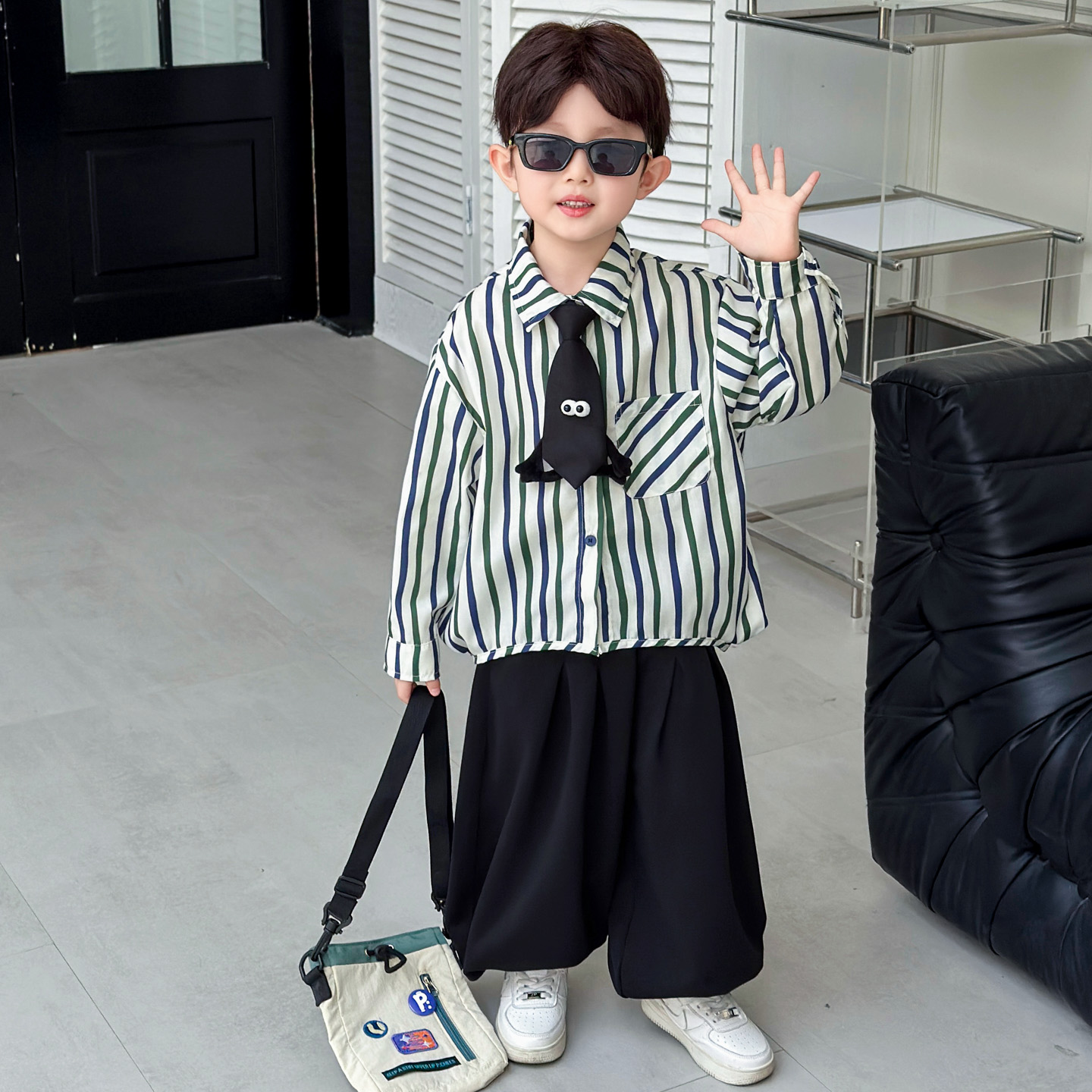 儿童装男童秋装条纹衬衫套装2025新款中小童春秋季韩版帅气两件套