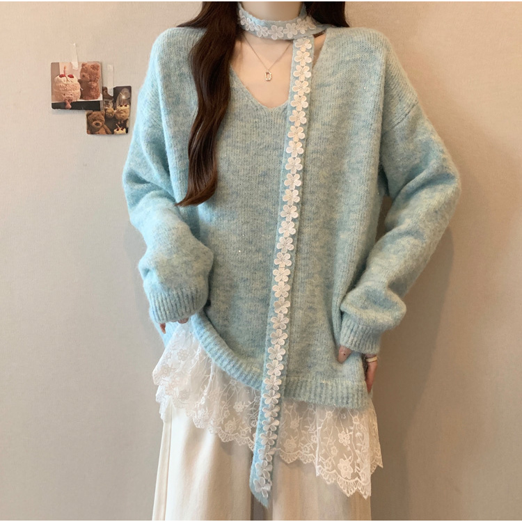 蕾丝拼接亮闪V领长袖毛衣秋冬新款大码女装胖mm高级挂脖针织上衣