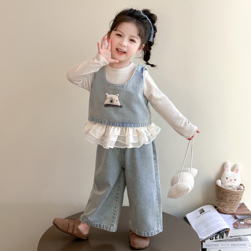 女童套装春秋装2025新款洋气时髦童装宝宝牛仔三件套儿童时髦童装