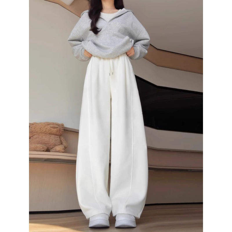 白色加绒弯刀运动裤女秋冬季2025新款高腰显瘦小个子休闲阔腿卫裤