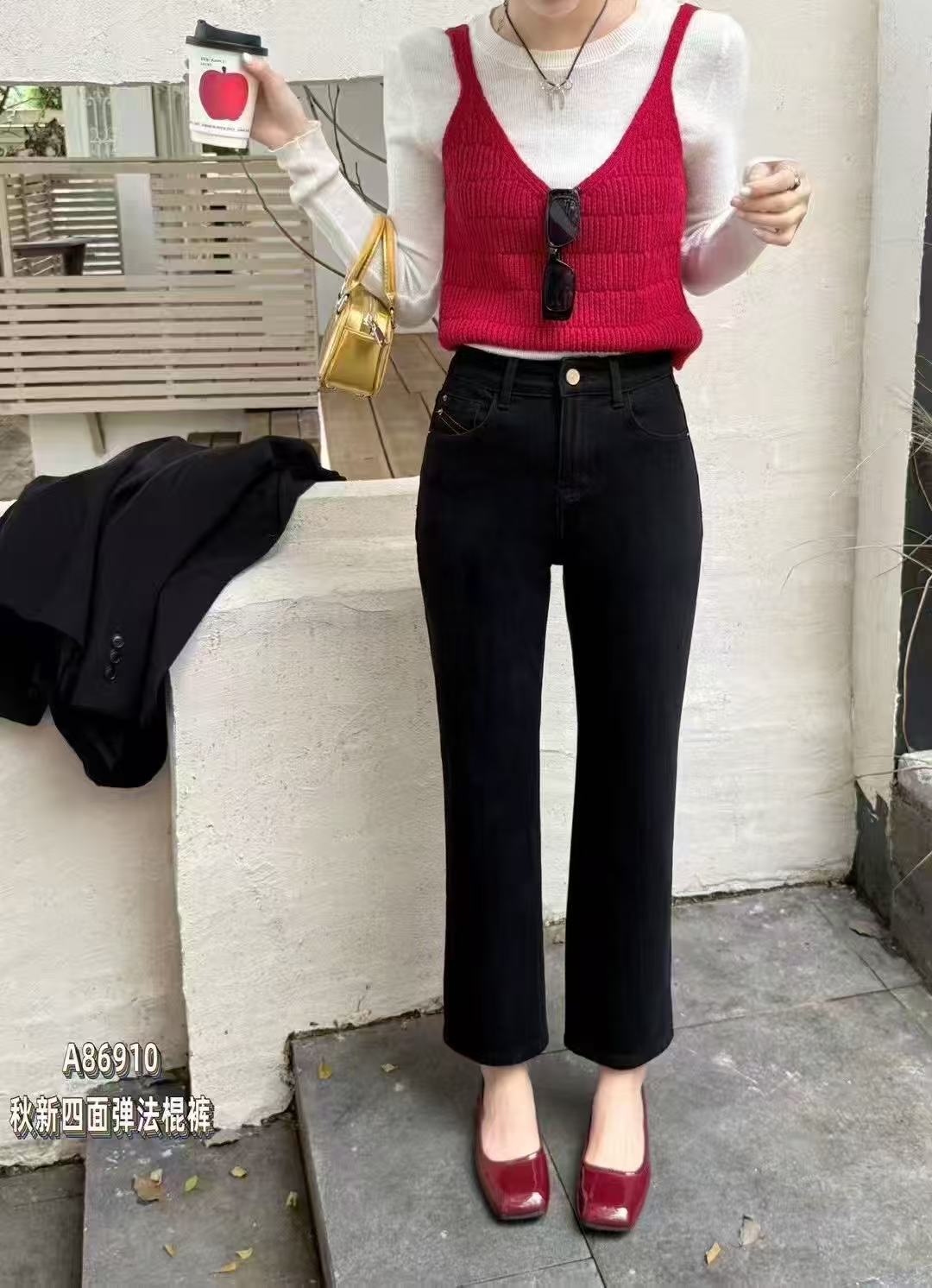 66910秋冬新款九分烟管裤中高腰弹力修身牛仔裤长度92