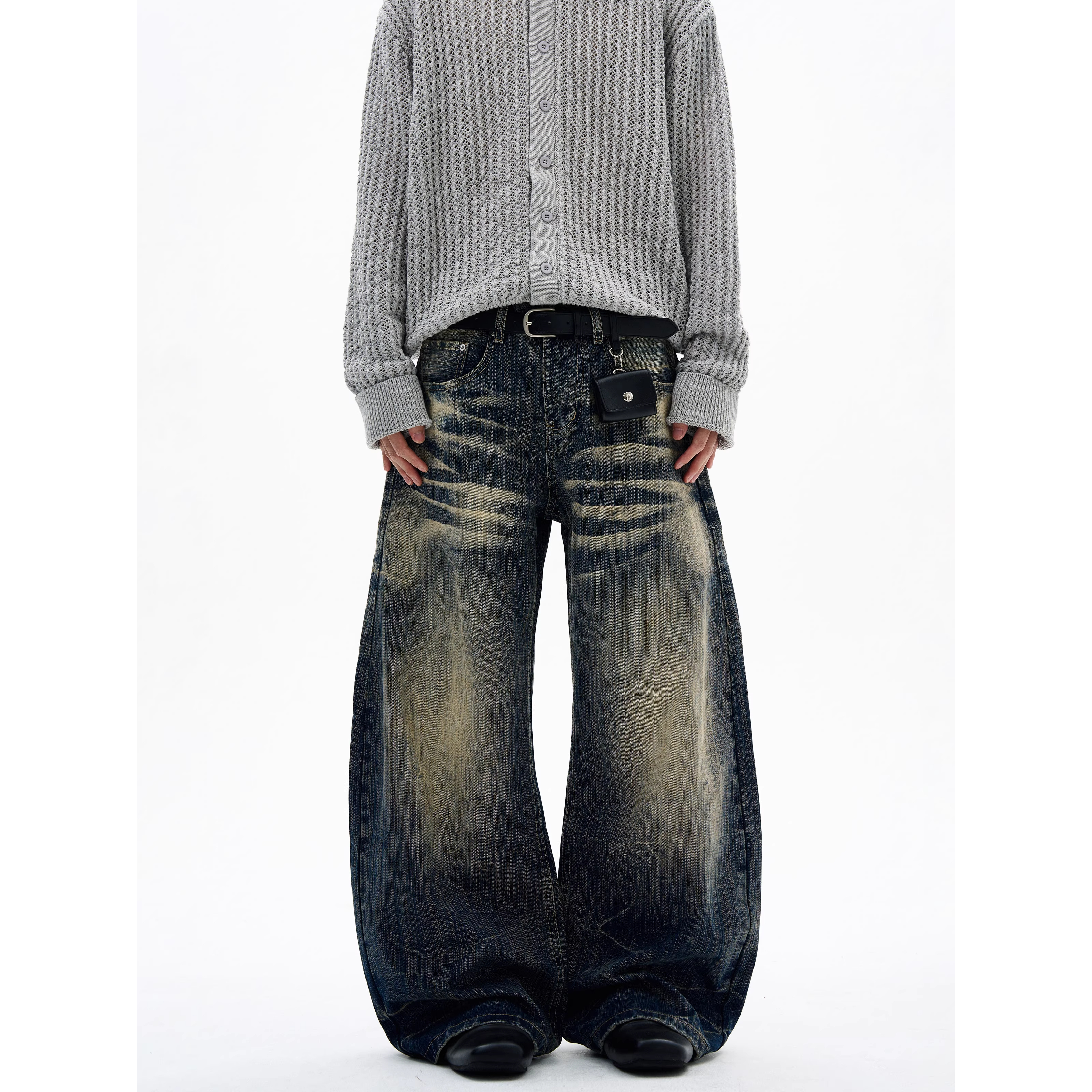 美式水洗做旧猫须竹节纹牛仔裤男女新款潮牌宽松高街直筒弯刀裤子