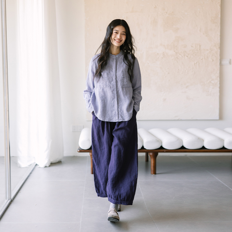 绽放039朵/早春新款士林色织亚麻小衫立领文艺宽松大口袋长袖衬衫
