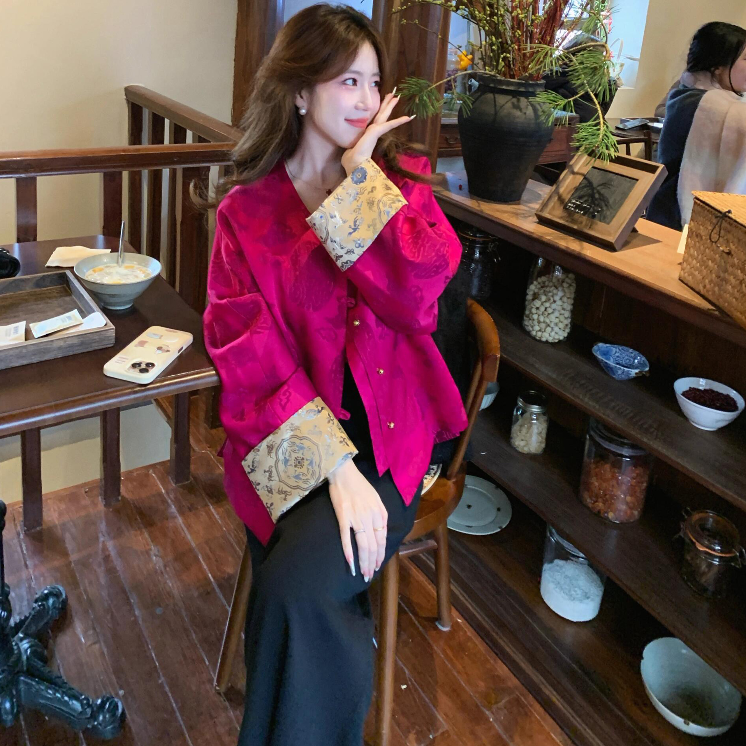 新中式国风玫红色禅意上衣外套秋季新款高级感超好看半身裙两件套