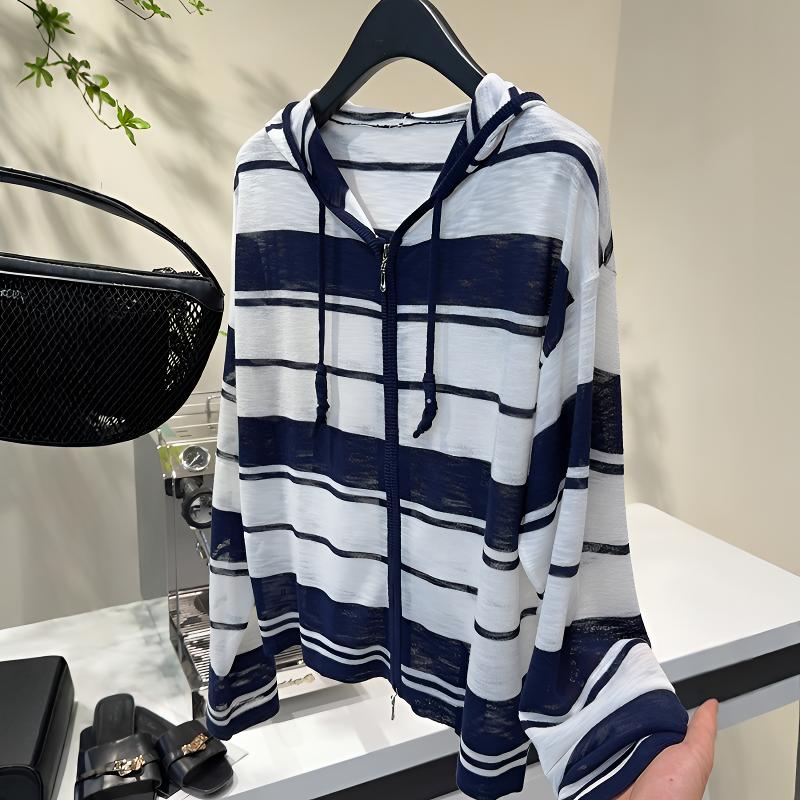 90-170斤早秋条纹连帽长袖防晒针织开衫宽松大码休闲百搭上衣