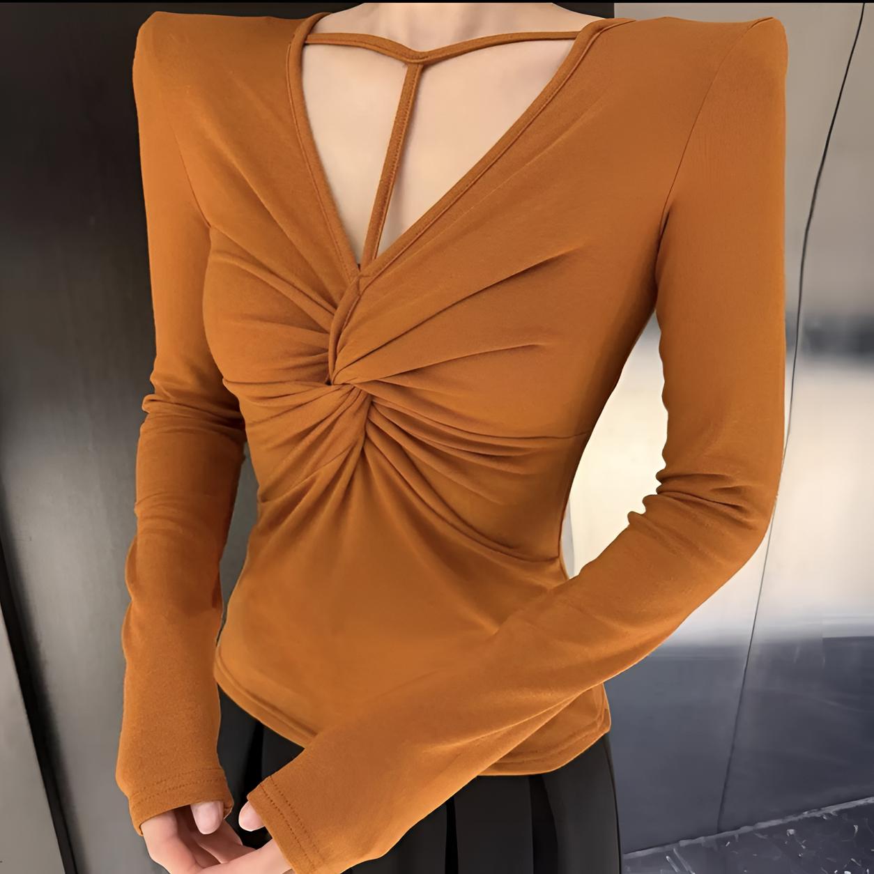 2025秋冬时尚长袖性感纯欲风纯欲修身百搭ins风小众设计女V领打底