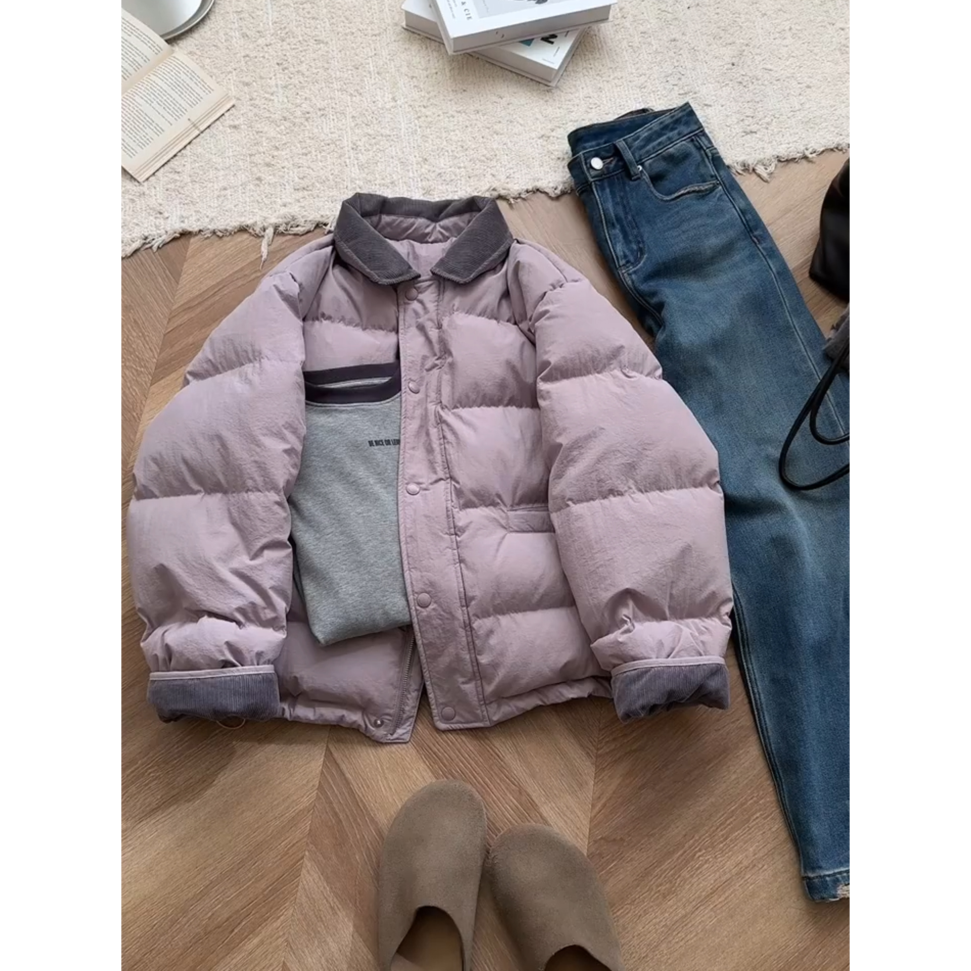 云朵泡芙紫色棉服女冬季2025新款短款韩系翻领宽松保暖面包服外套