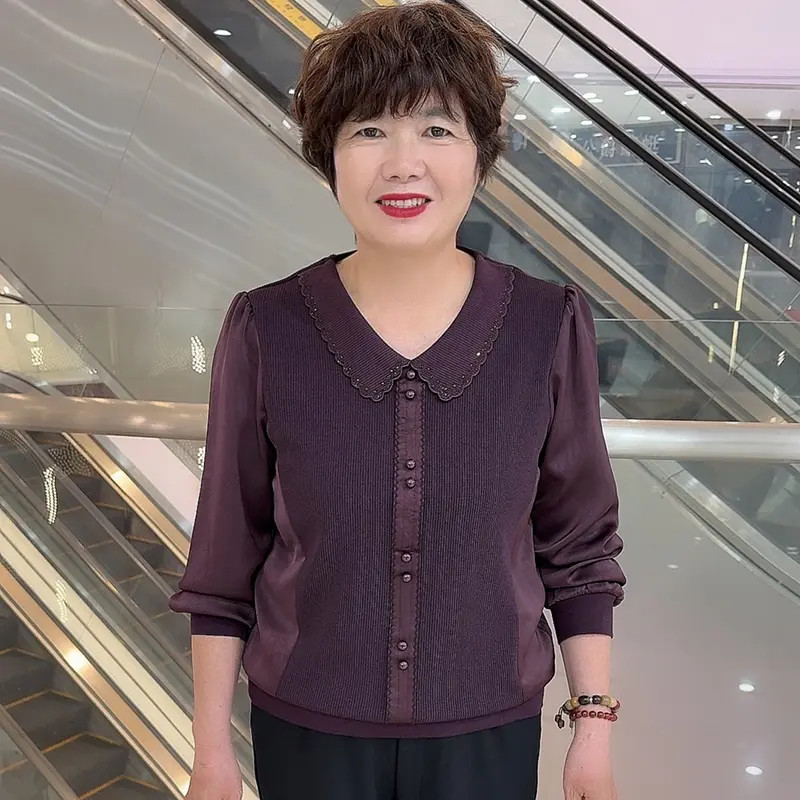 25803 秋季中老年洋气妈妈装休闲翻领纯色时尚长袖上衣