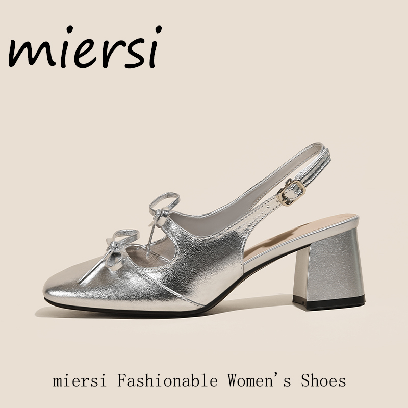 【米尔斯】法式银色玛丽珍女鞋蝴蝶结单鞋方头粗跟高跟鞋女轻奢鞋子