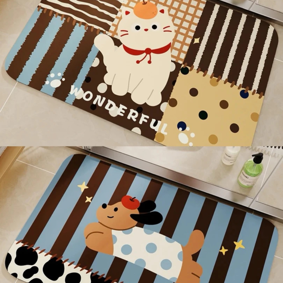 （两条装）可爱小猫小狗硅藻泥底吸水防滑家用卫生间脚垫