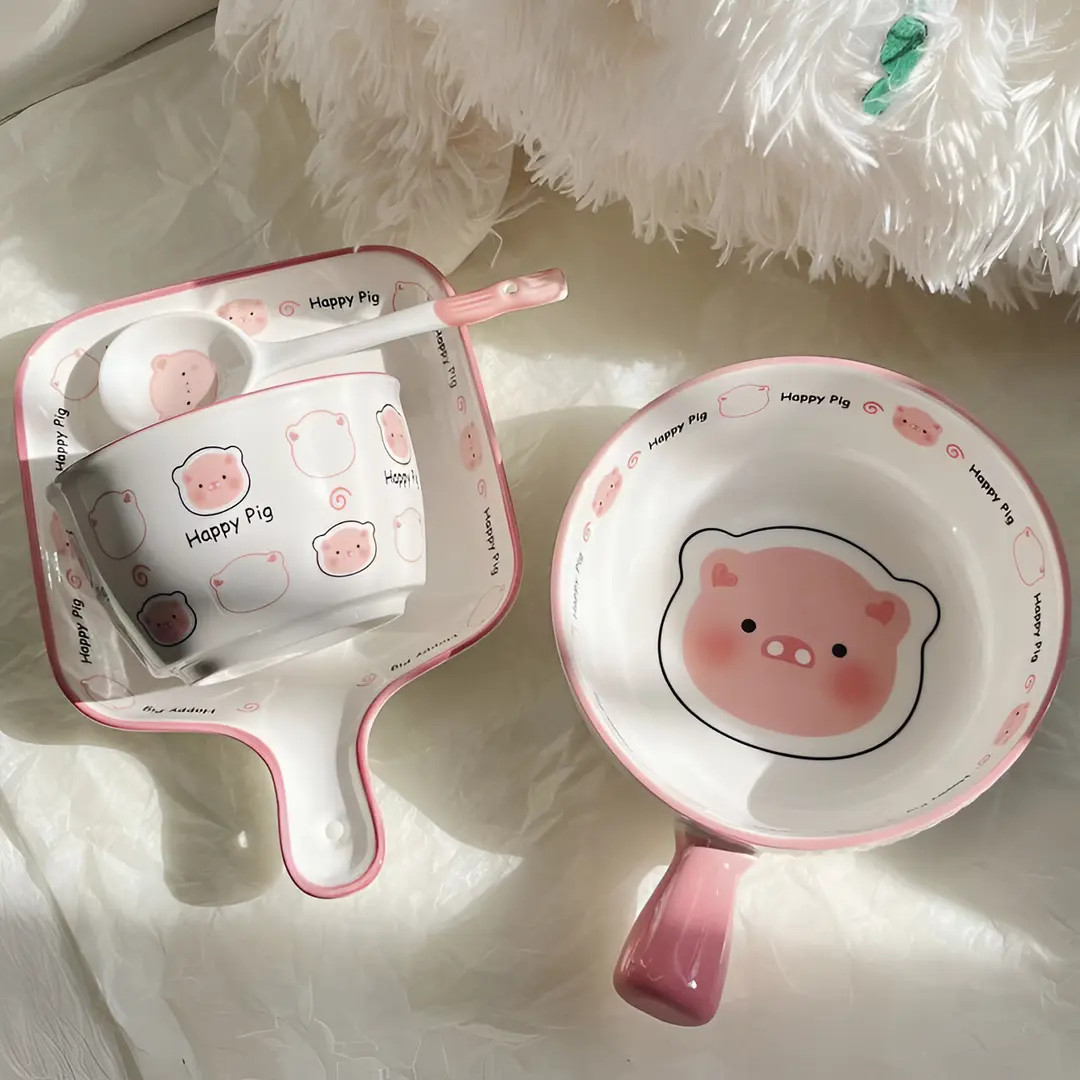 happy猪猪一人食可爱情侣少女餐具手把碗焗饭碗釉下彩高颜值餐具
