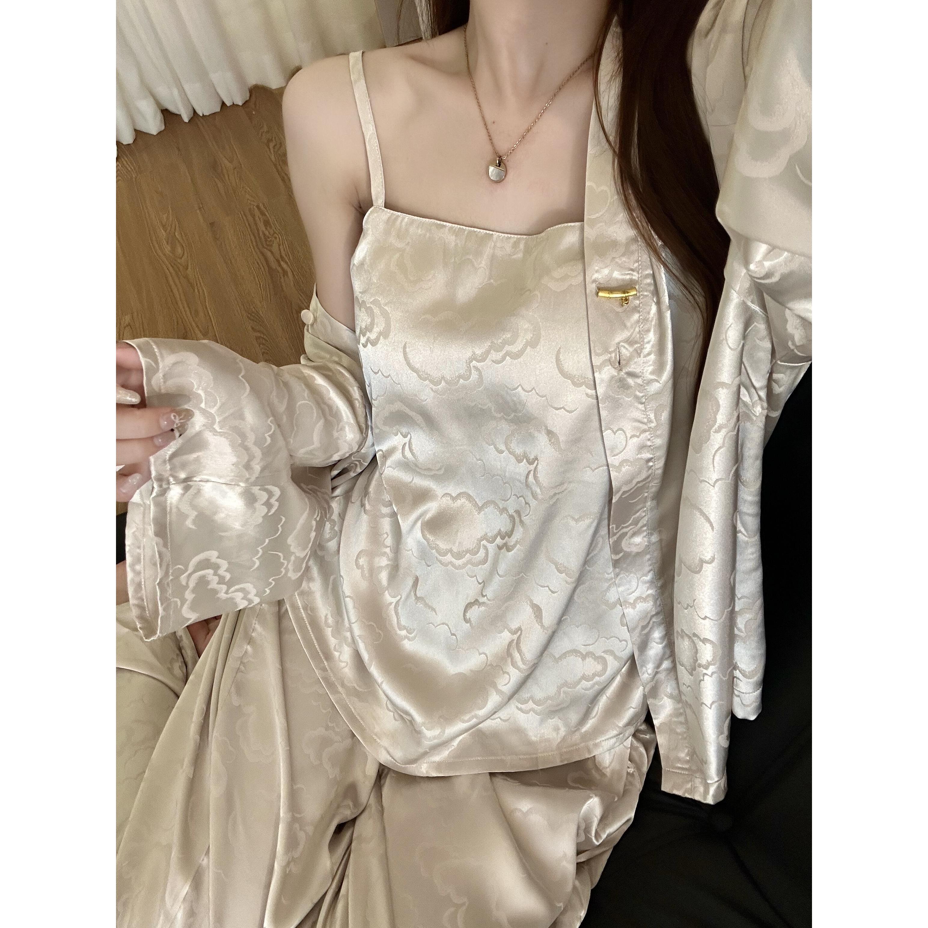 新中式祥云印花冰丝睡衣套装女春秋新款长袖长裤吊带家居服三件套