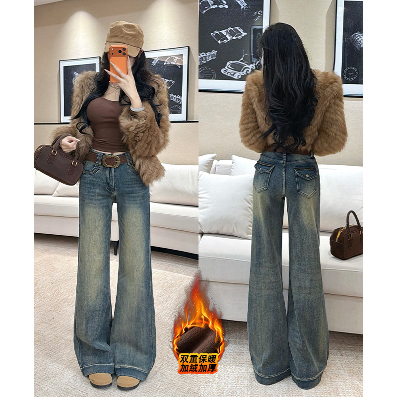 乔栈加绒设计感水洗复古微喇牛仔裤女秋冬爆款高腰百搭小个子阔腿