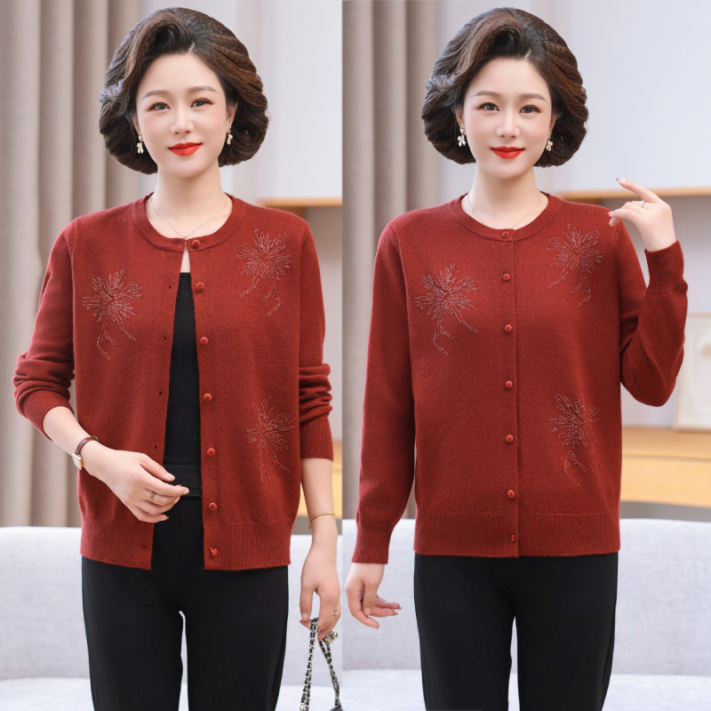 针织衫开衫外套秋季薄款毛衣百搭宽松妈妈装中老年女装圆领春秋装