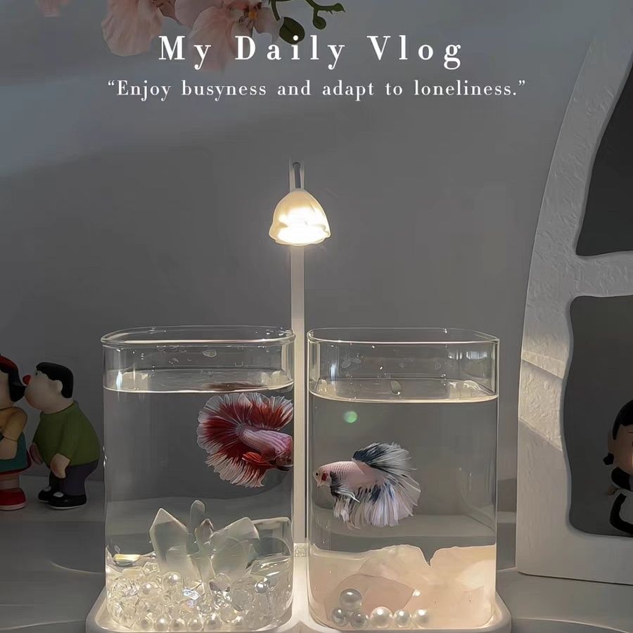 斗鱼鱼缸专用网红超白桌面创意生态小型玻璃缸摆件高级造景小夜灯