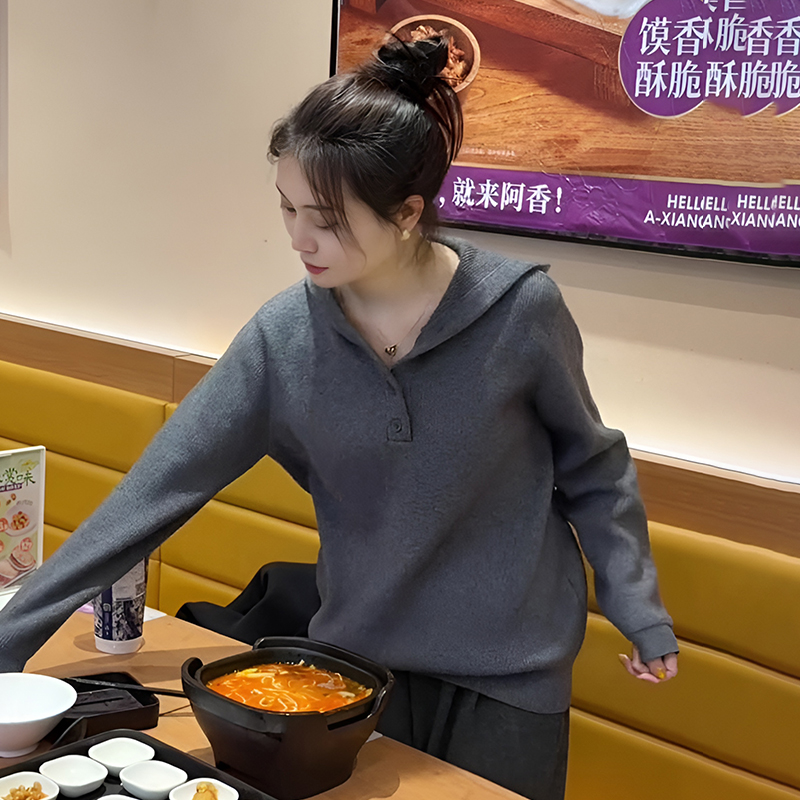 高级感慵懒风灰色连帽毛衣女款2025新款秋季宽松打底针织帽衫上衣