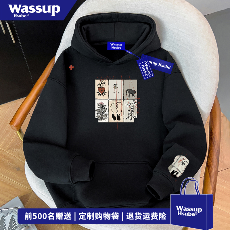 WASSUP HSUBE秋冬潮牌设计感印花连帽卫衣男美式oversize百搭上衣
