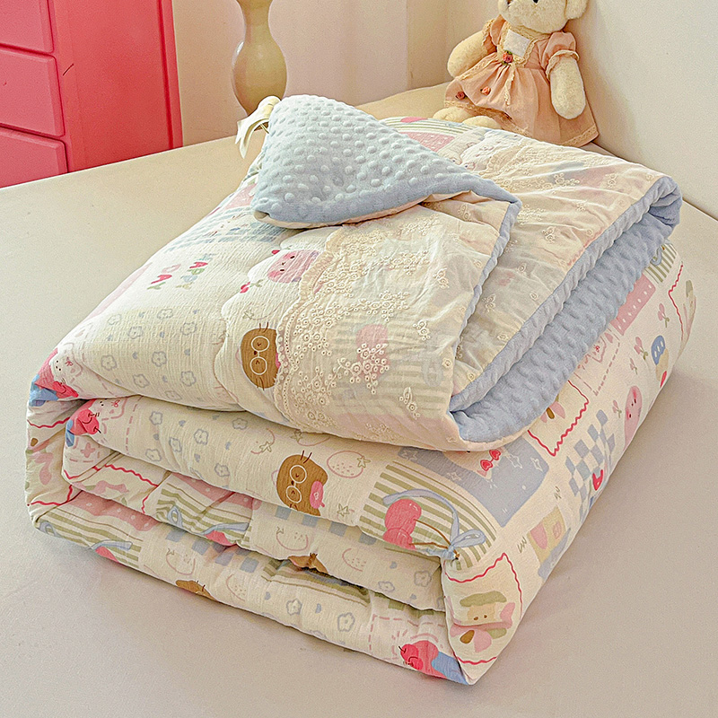 卡通花边双层纱豆豆绒被子春秋被2025新款四季通用宿舍棉被秋冬被