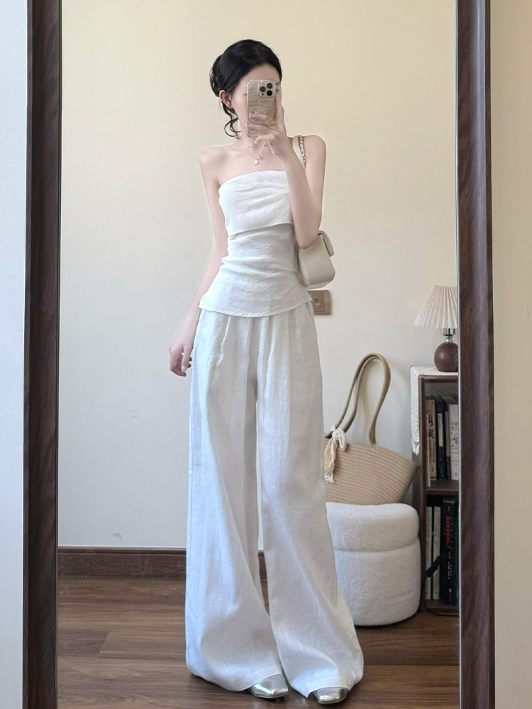 2025夏季新款法式气质时尚套装抹胸修身上衣高腰宽松阔腿裤两件套