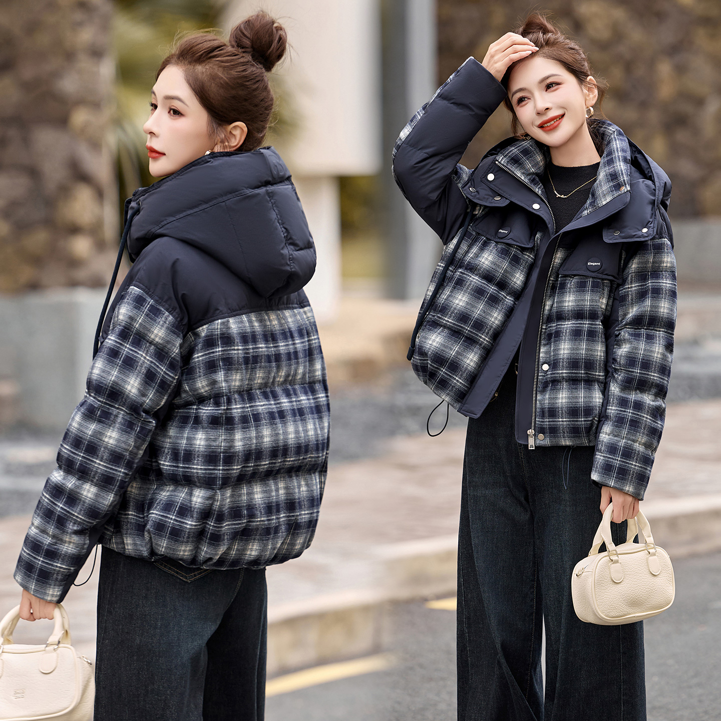 短款羽绒服2025新款时尚洋气百搭女装保暖白鸭绒冬季格子拼接外套