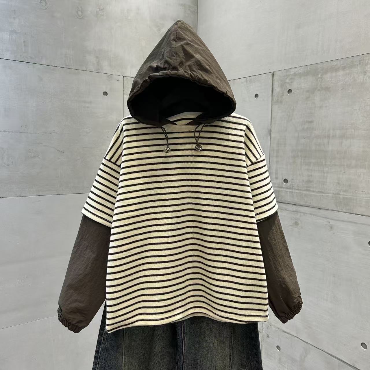 男童条纹连帽卫衣春秋款2025新款中大童秋装男孩帅气打底衫