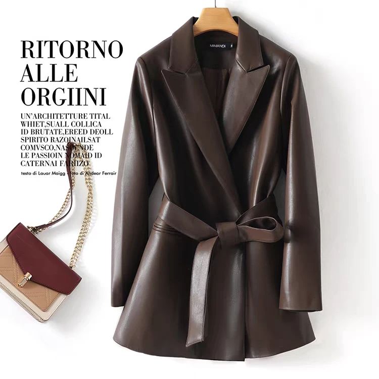 海宁真皮加棉春秋新款宽松皮衣女显瘦遮臀西装夹克通勤外套中长款