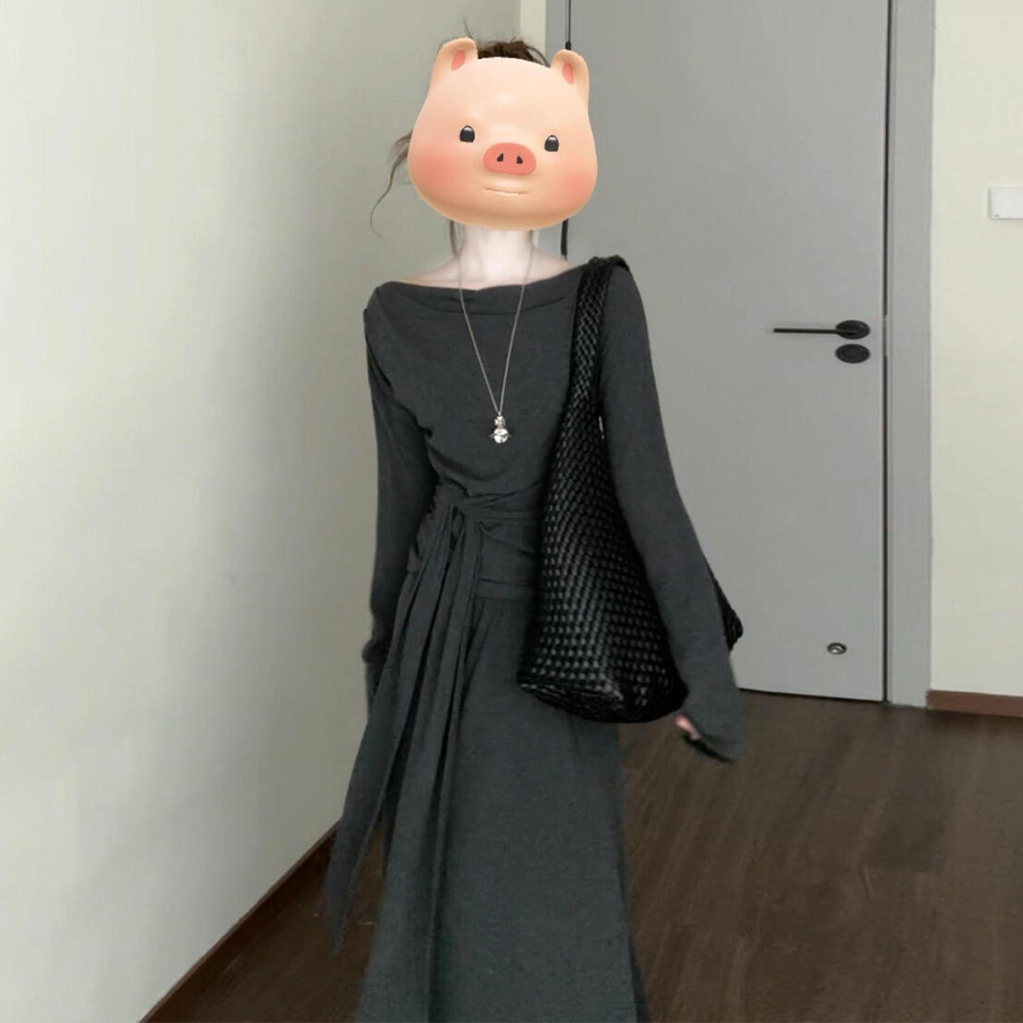 法式高级感灰色长袖连衣裙子女秋冬2026新款韩系穿搭一整套装长裙