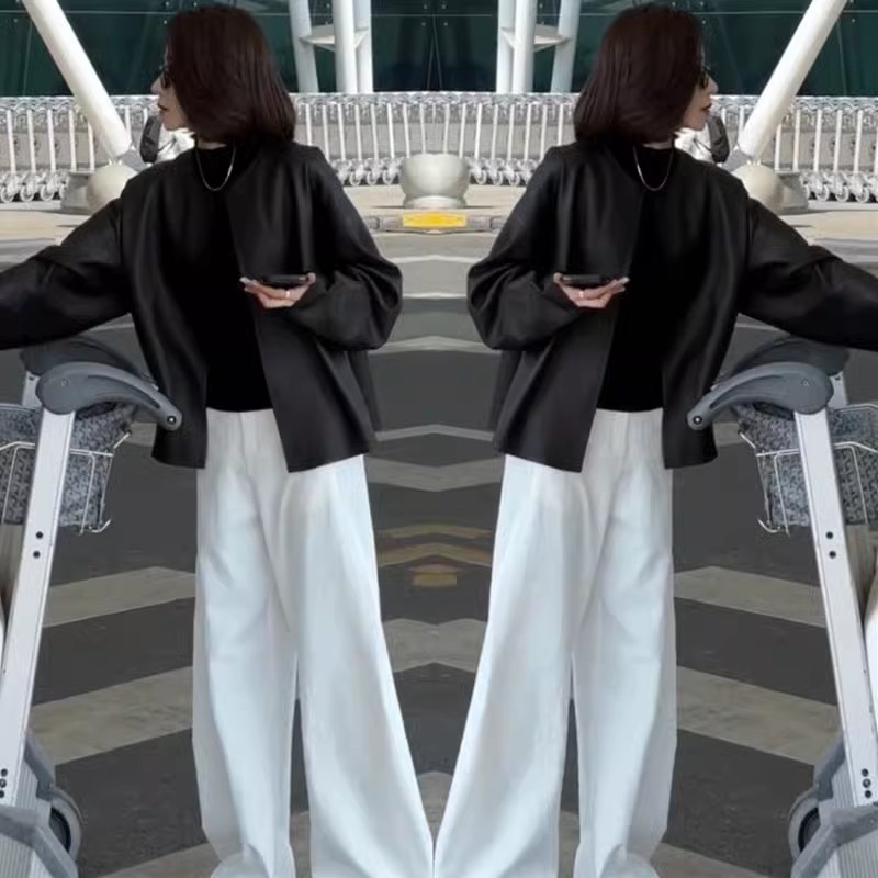 2025早春新款慵懒休闲韩系流行显瘦爆款时尚皮衣+白色裤子套装女