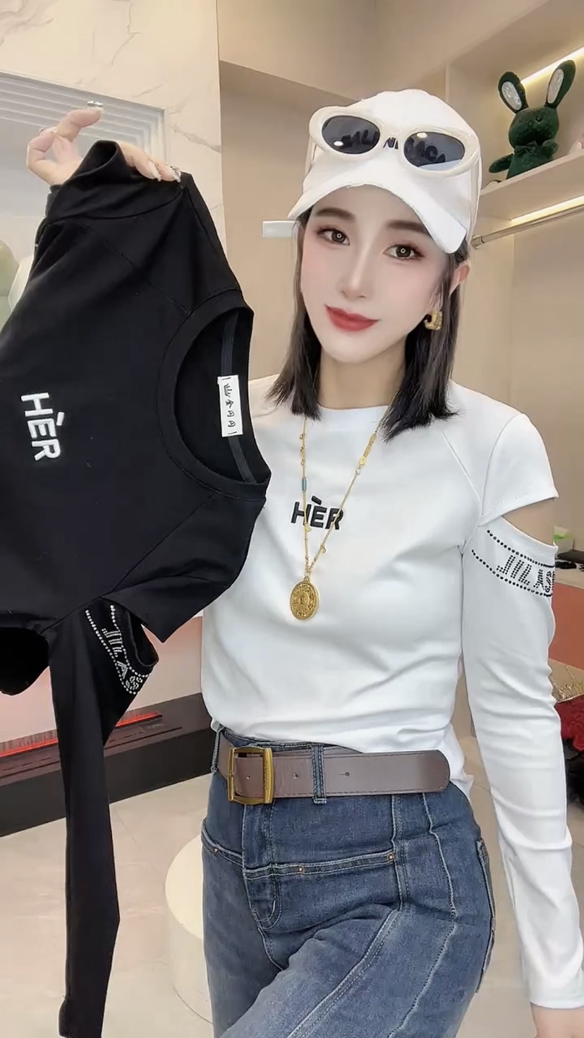 欧货2025秋季新款刺绣洋气镂空设计长袖t袖百搭气质正肩打底衫女